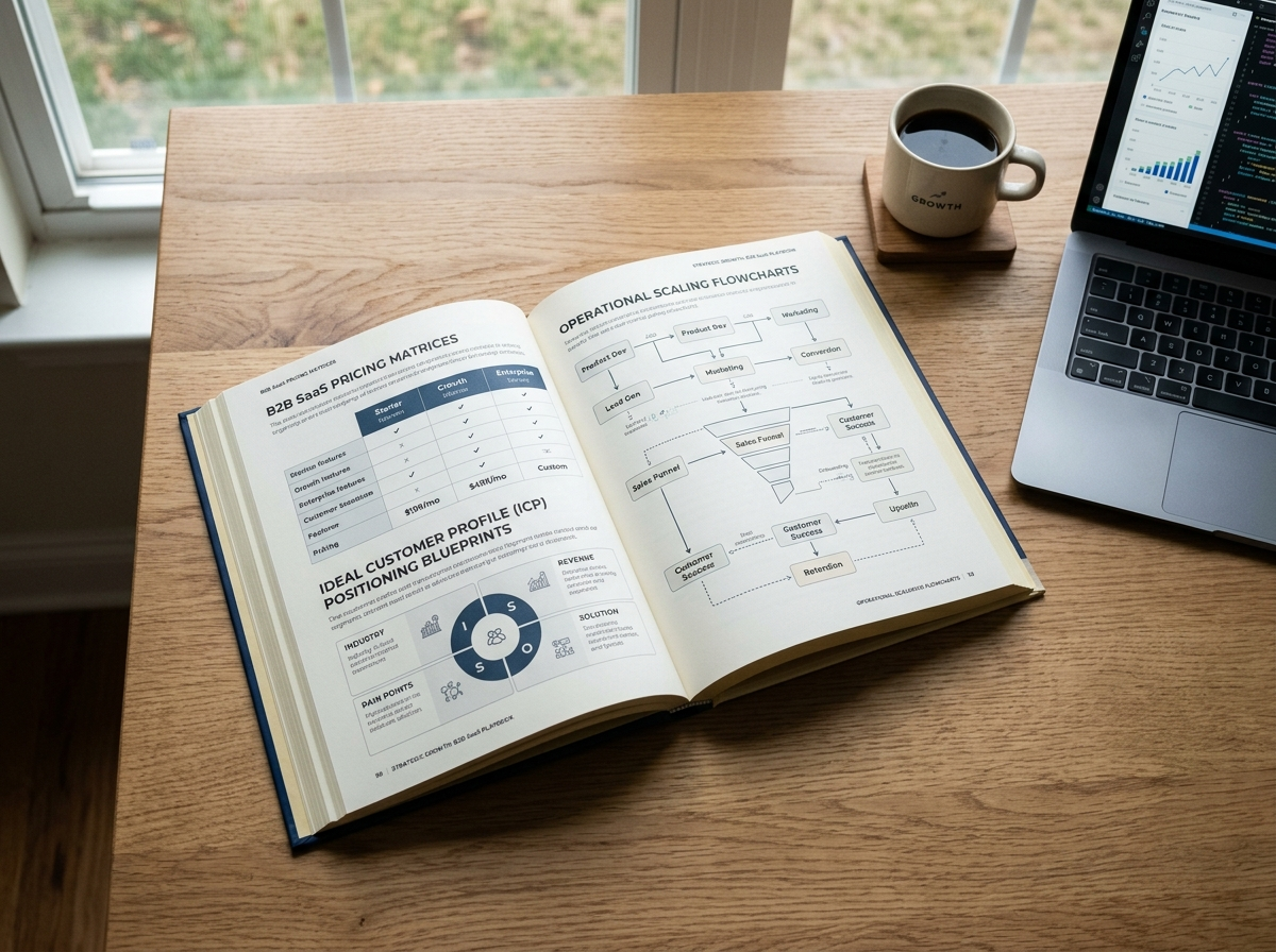 Open pages of The SaaS Playbook showing pricing and positioning frameworks